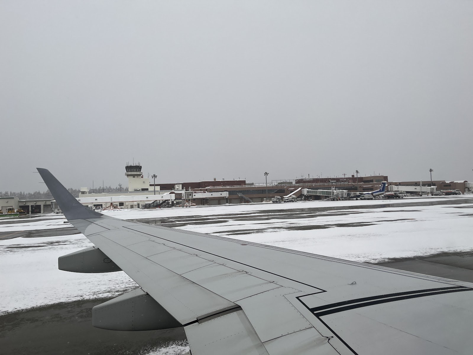 着陸直前の機窓。一面の雪野原