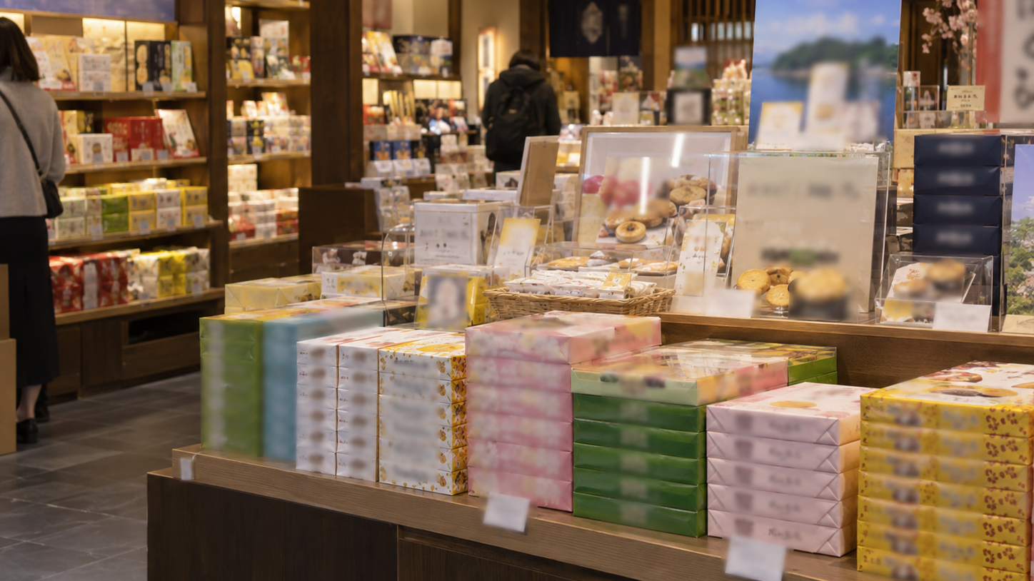 土産物店の店内に並ぶ箱菓子