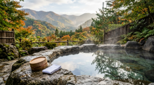 九州の温泉宿の露天風呂から見える秋の山あい