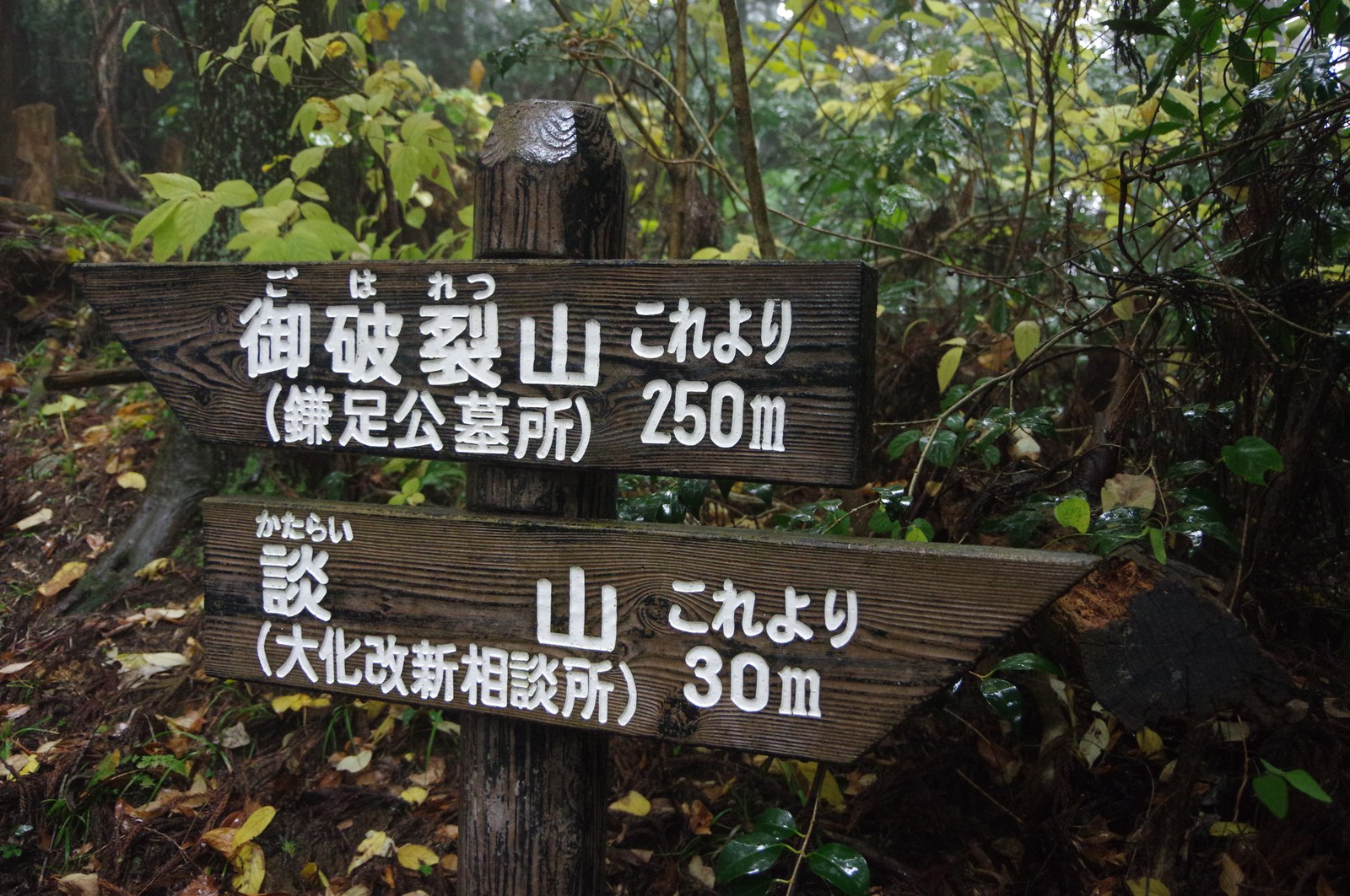 「御破裂山（鎌足公墓所）これより250m／談山（大化改新相談所）これより30m」の道標