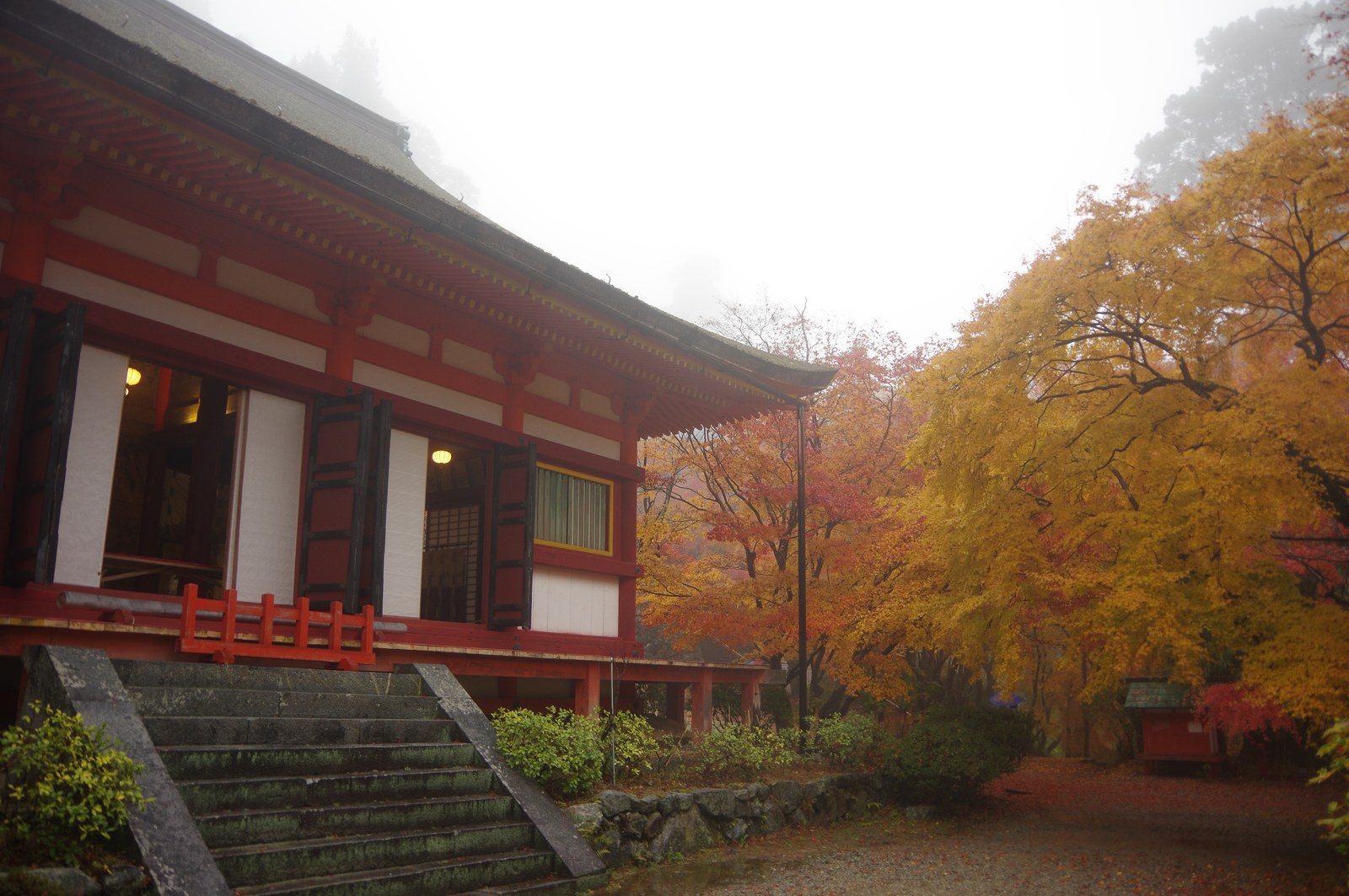 談山神社の朱色の建物と黄葉