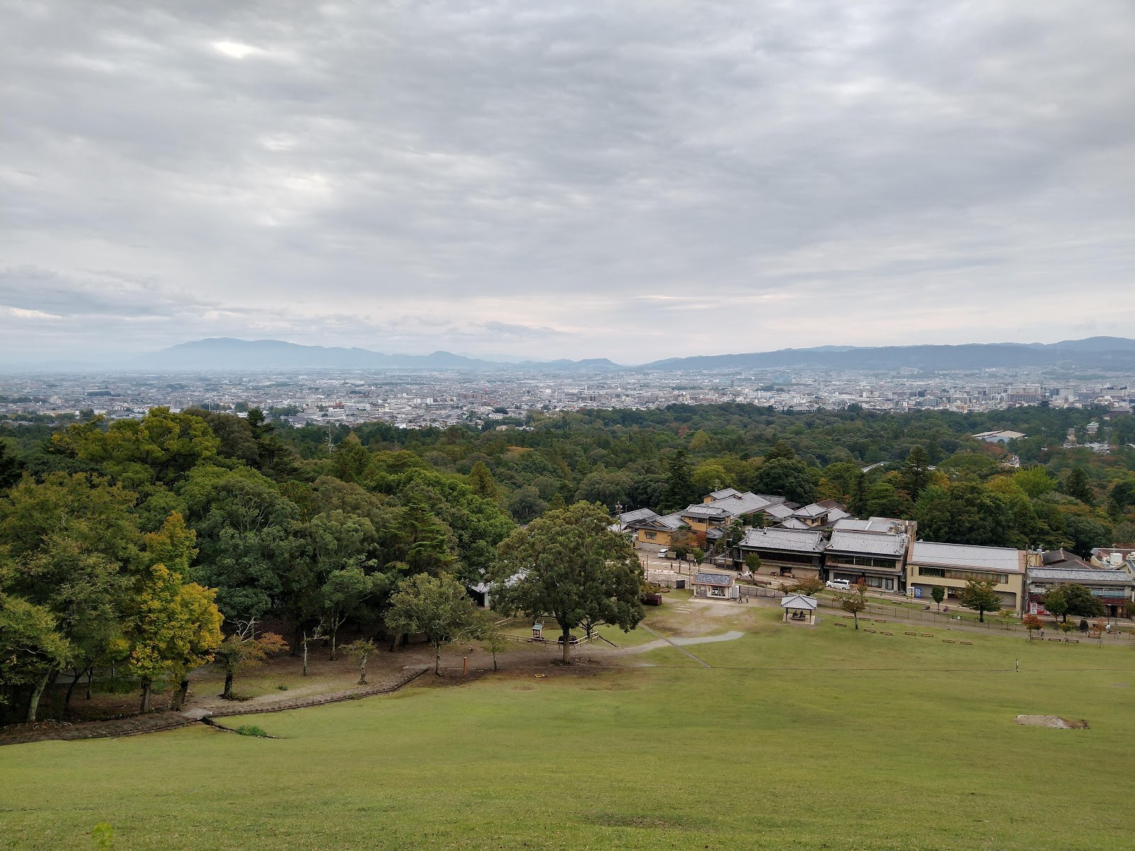 若草山の斜面から見下ろす奈良の町。芝生と木立の向こうに屋根が並ぶ